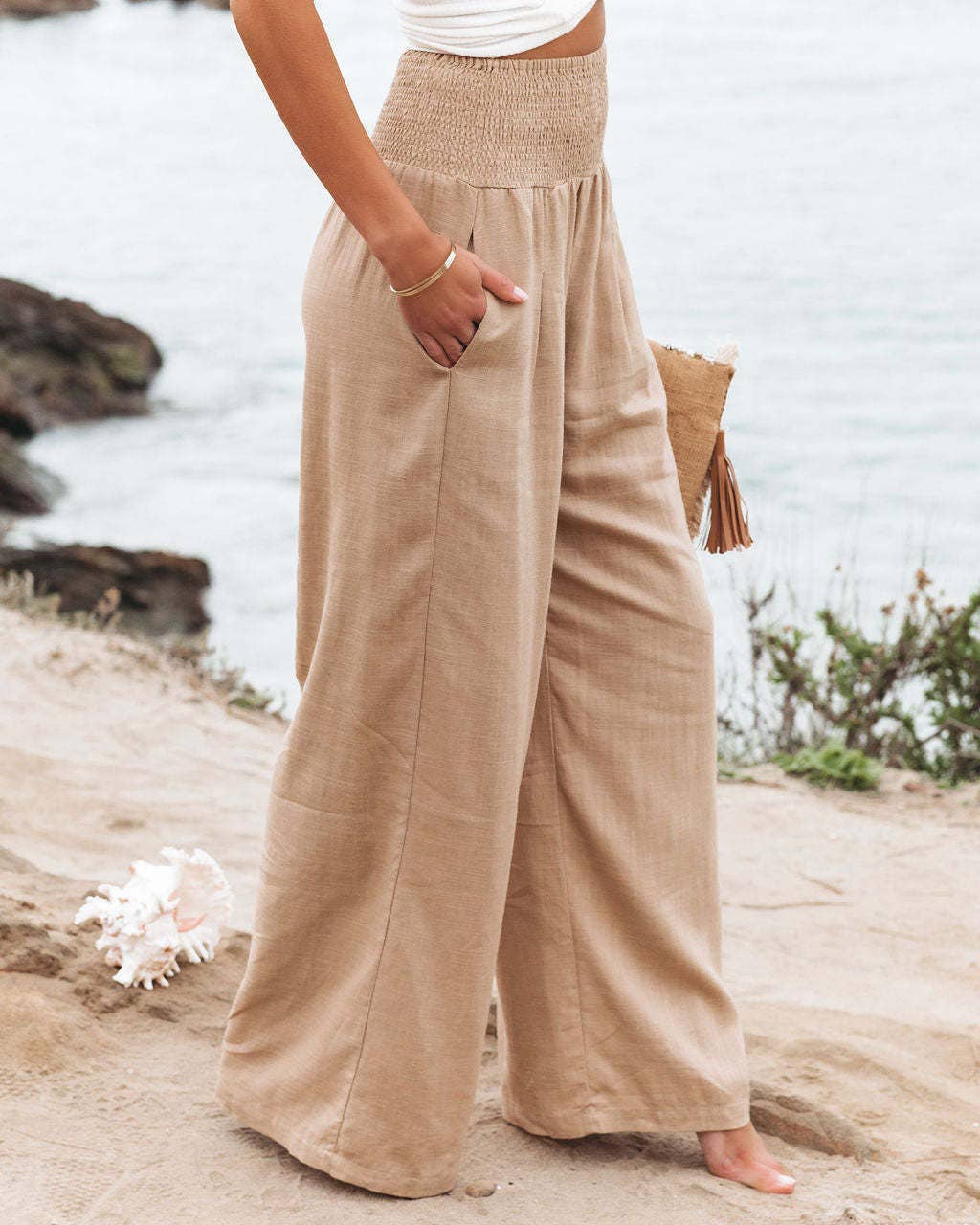 Cotton and linen loose-fitting wide-leg pants