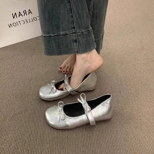 Silver Wedge Mary Jane Shoes with Bow