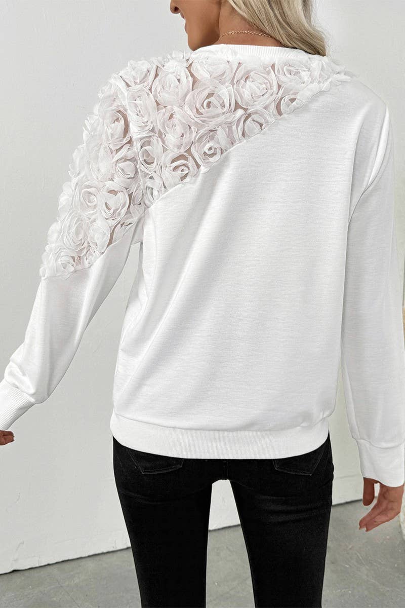 CWTBLL4043_SOLID LONG SLEEVE SWEATSHIRT WITH 3D ROSE DETAIL