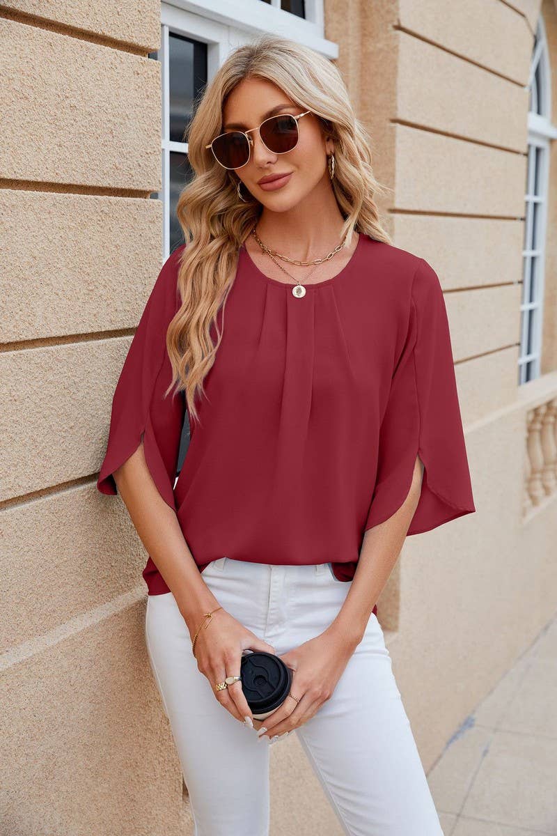 CWTBLS0434_Round Neck Short Sleeve Blouse