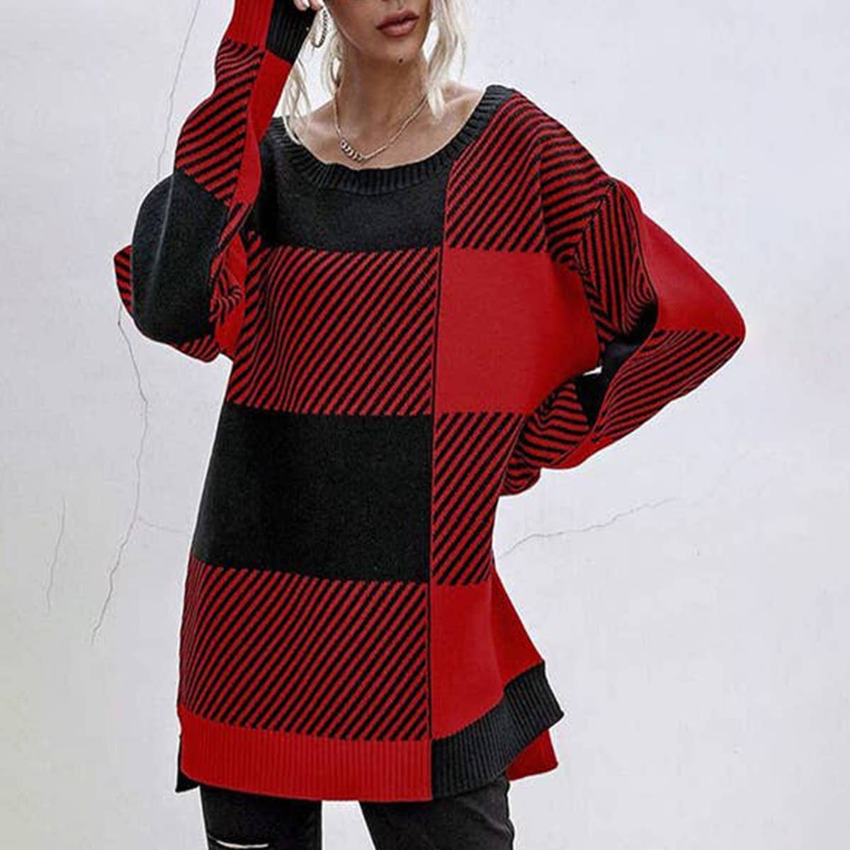 Cotton fine yarn matching plaid round neck loose knit