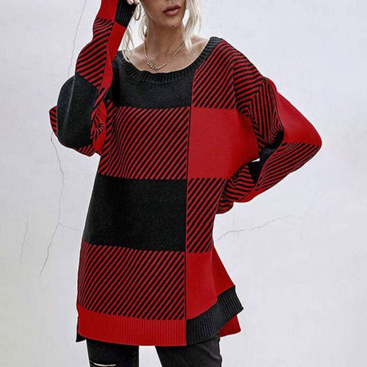Cotton fine yarn matching plaid round neck loose knit