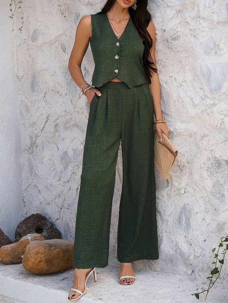 Commute solid color waistcoat wide-leg pantsuit