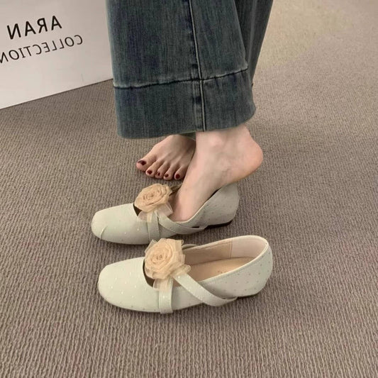 Floral Wedge Round Toe Cross Strap Mary Janes
