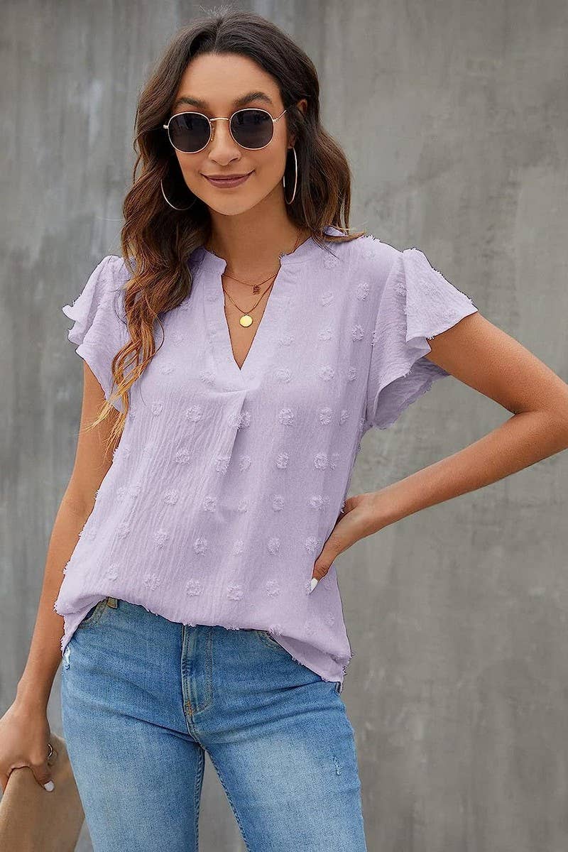 CWTBLS0606_V-NECK RUFFLED SLEEVE CHIFFON SHORT-SLEEVED TOP