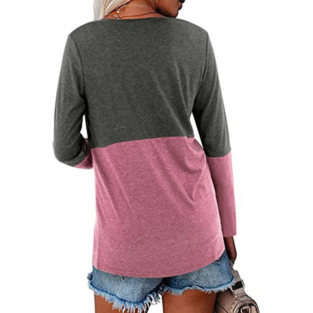 Color contrast patchwork V-neck long sleeve Tshirt