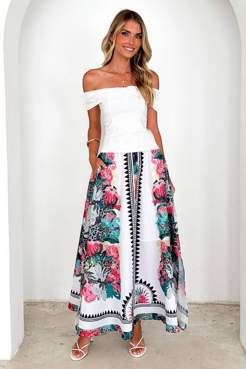 CWBLS0657_SUMMER HIGH WAIST LOOSE PRINTED SKIRT LONG SKIRT