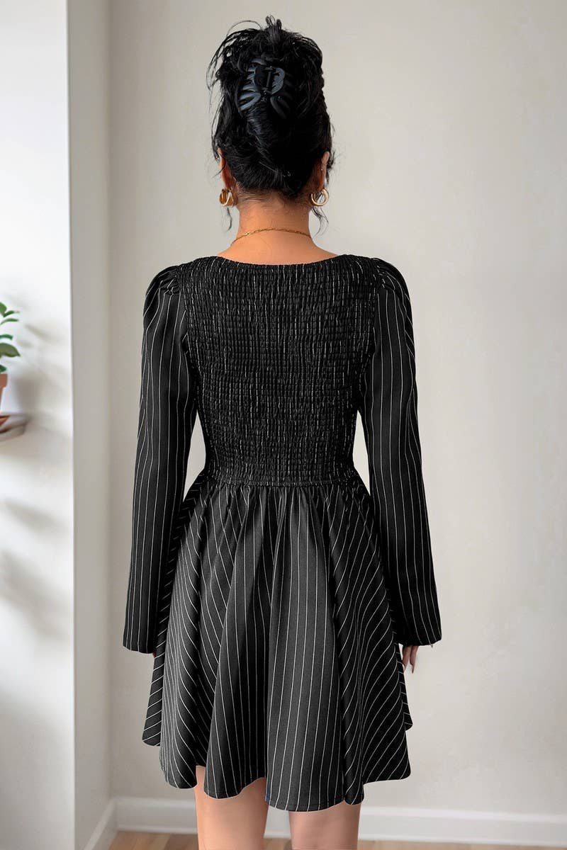 CWDSD8745_COLORBLOCK STRIPE PATCHWORK LONG SLEEVE DRESS