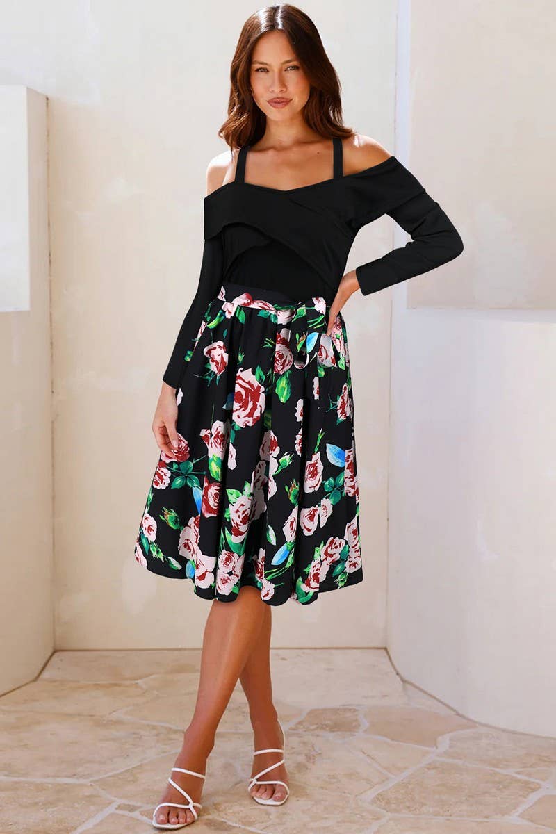 CWDSD8652_FLORAL OFF SHOULDER LONG SLEEVE A-LINE DRESS