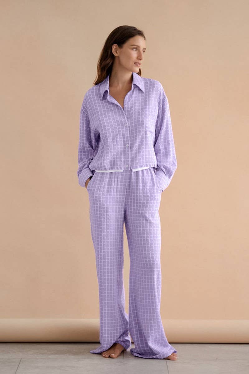 CWSPJ0308_PURPLE PLAID LONG SLEEVE LONG PANTS PAJAMA SET