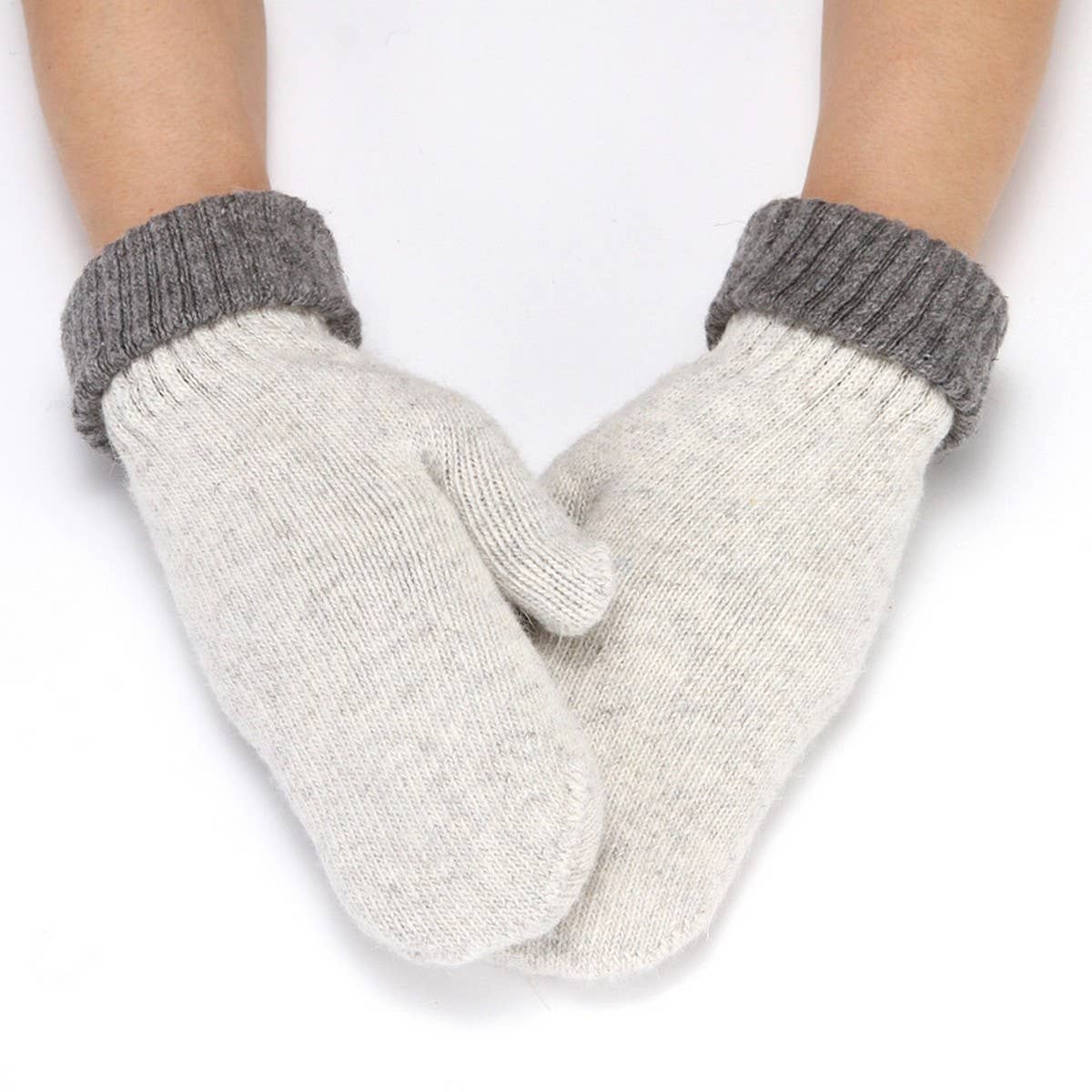 WOMEN'S TWO-TONE RABBIT FUR MITTEN KNITTED GLOVES_CWAG0259