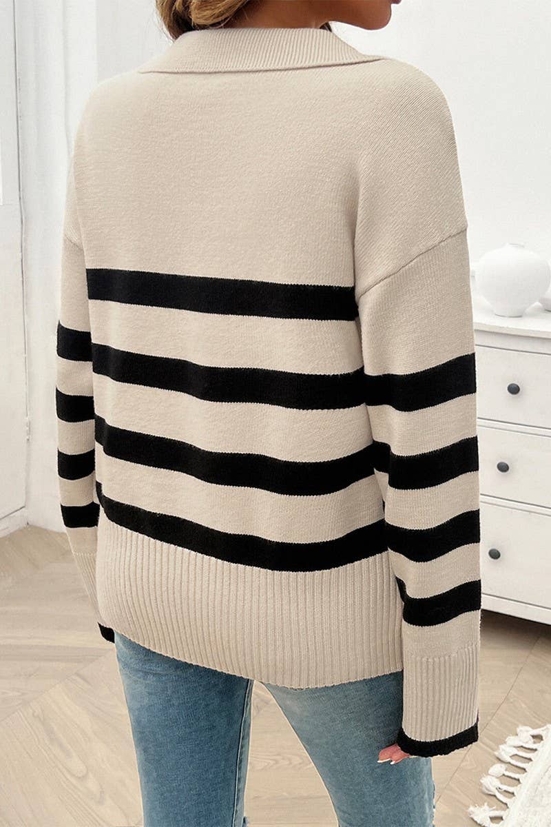 CWOSWL6816_CASUAL LOOSE STRIPED CONTRAST COLLAR SWEATER