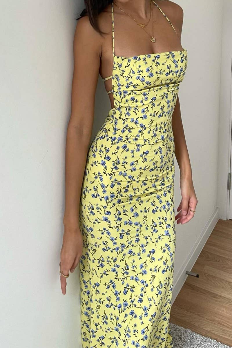 CWDHL0631_FLORAL SUSPENDER SKIRT SLIT BACKLESS SEXY DRESS