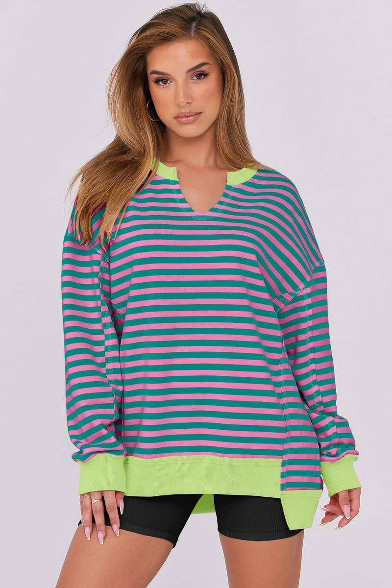 CWTBLL00830_COLORFUL STRIPE V NECK LOOSE SWEATSHIRT