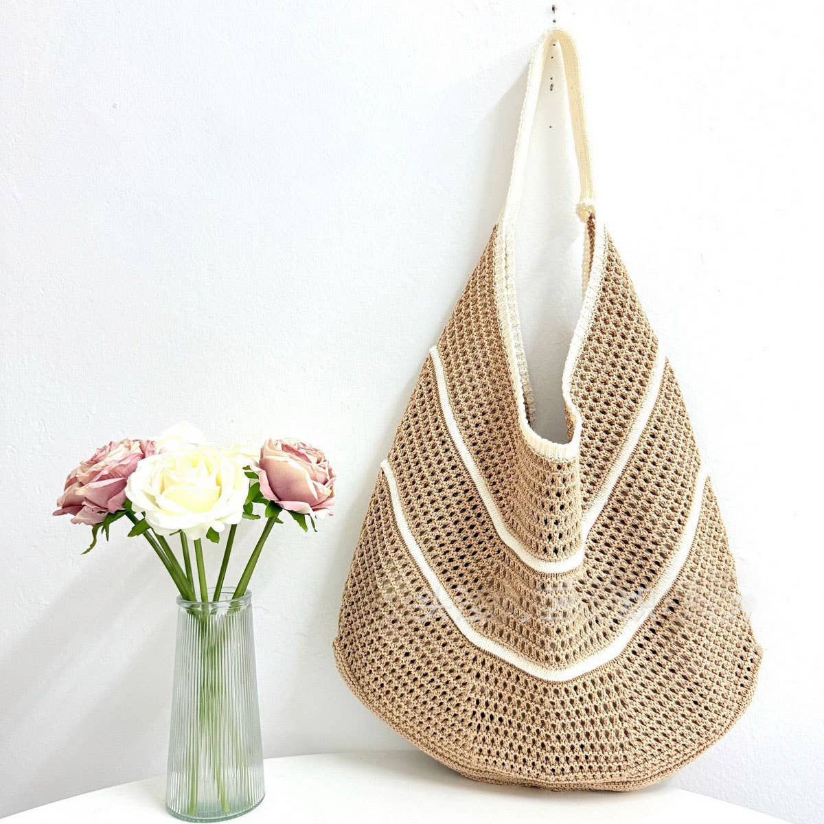 CUAB00630_2025 STRIPED KNIT TOTE BAG LARGE CAPACITY VACATION