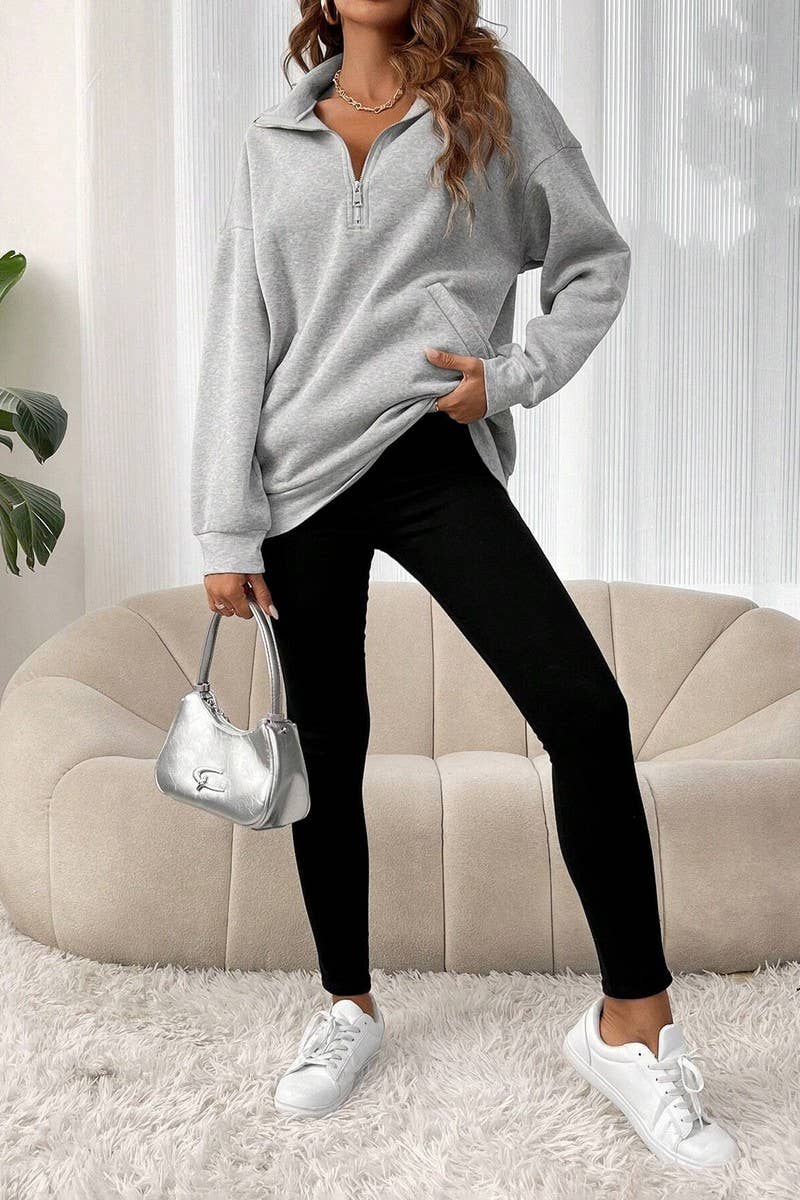 CWTBLL3941_ZIPPER POLO COLLAR SOLID LOOSE CASUAL SWEATSHIRT