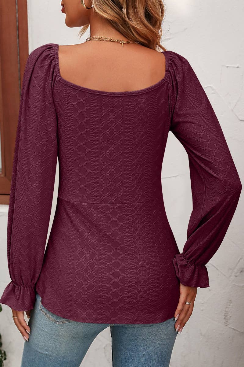 CWTBLL2716_AUTUMN DEEP V DRAWSTRING WAIST LONG SLEEVE TOP