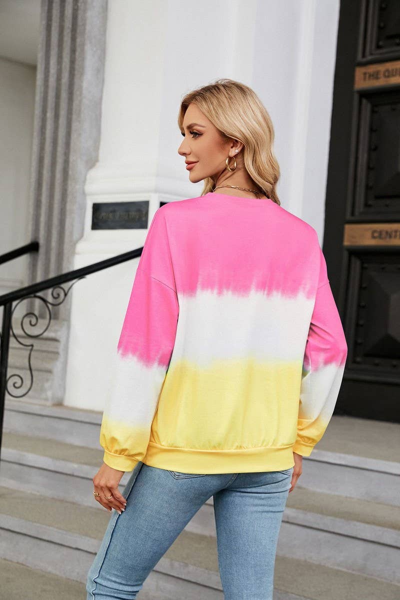 CWTBLL2414_TIE-DYE CONTRAST COLOR CREW NECK LONG SLEEVE TOP