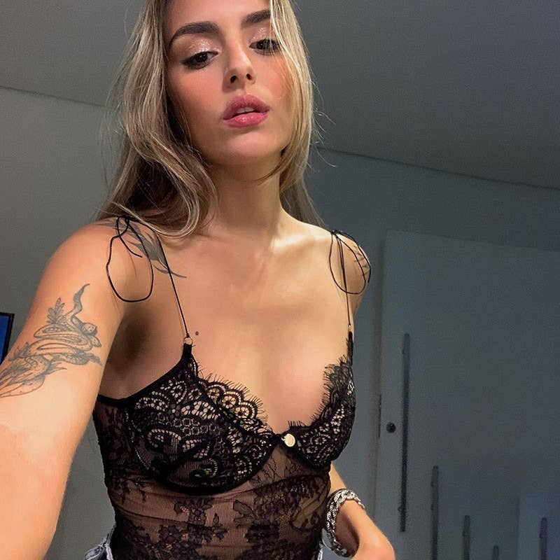 Deep V see-through lace tight halter top