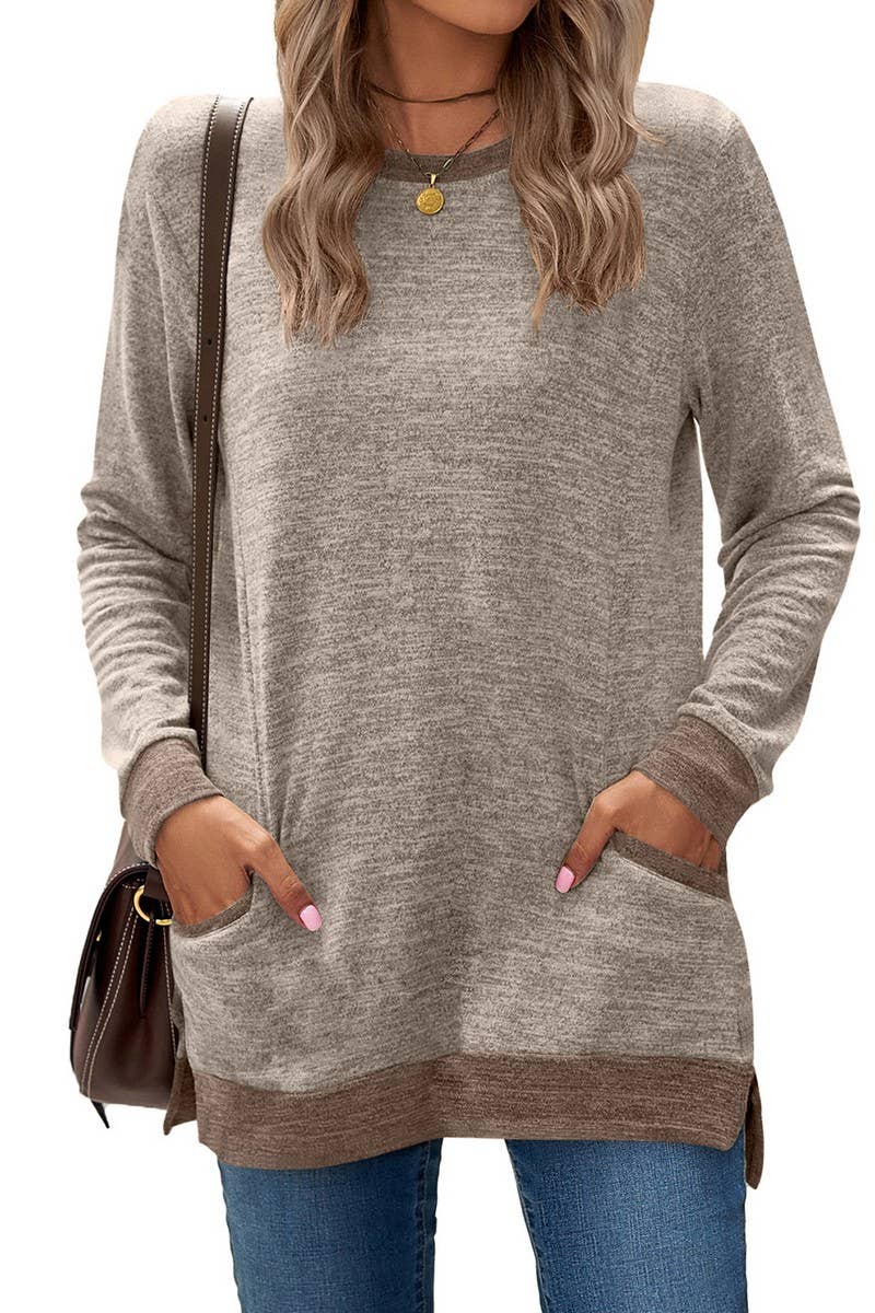 CWTBLL2412_CREW NECK COLORBLOCK POCKET LONG SLEEVE PULLOVER