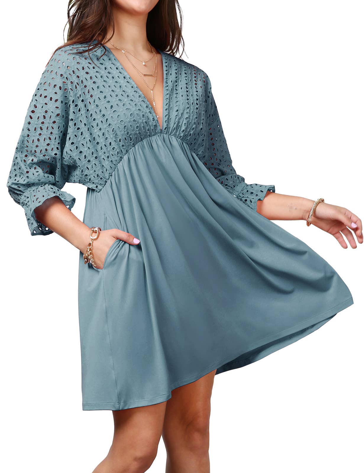 CWDSD10370_COTTON EYELET CONT BODICE WITH 3/4 SLEEVE DRESS