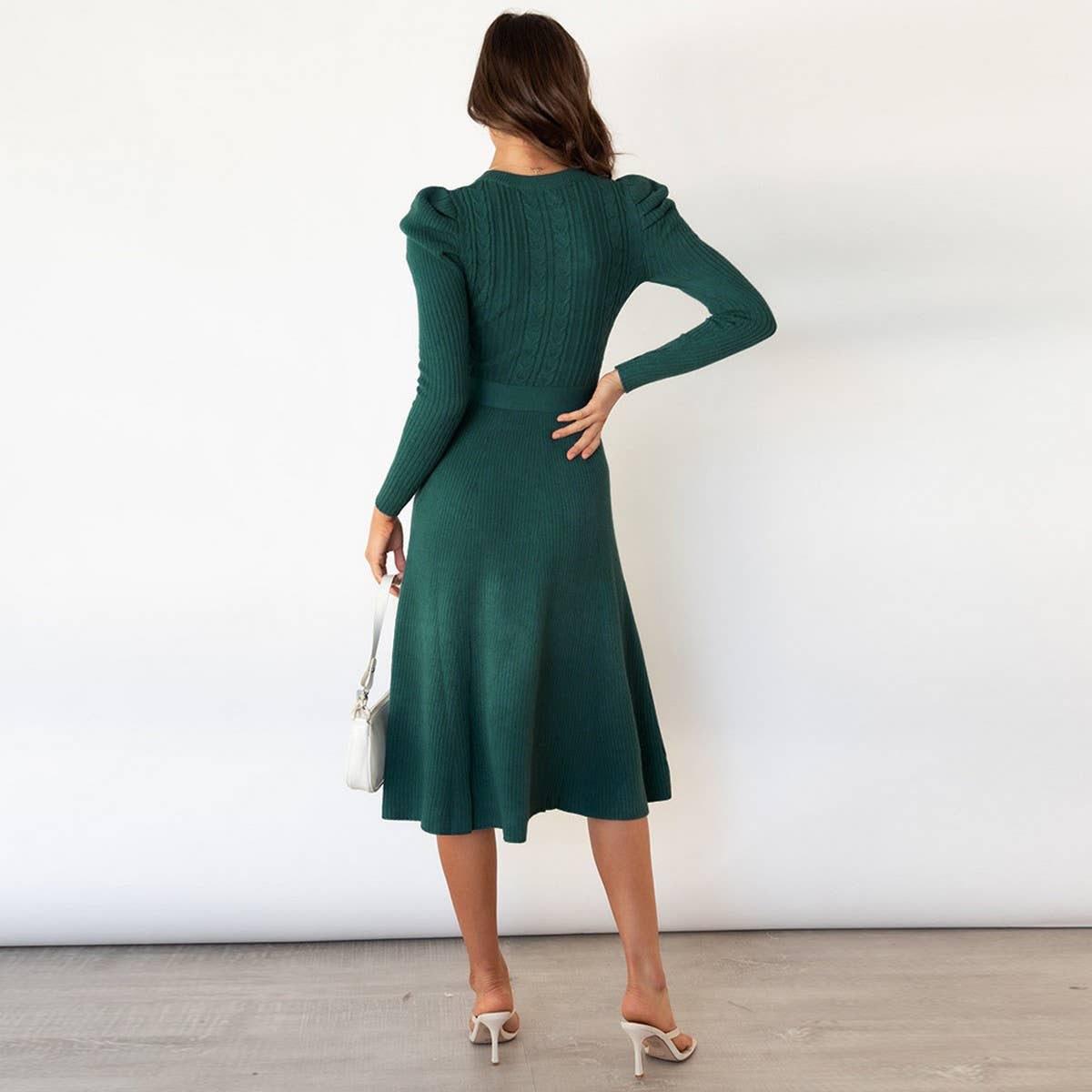 Bubble long sleeve knitted long high-waisted dress