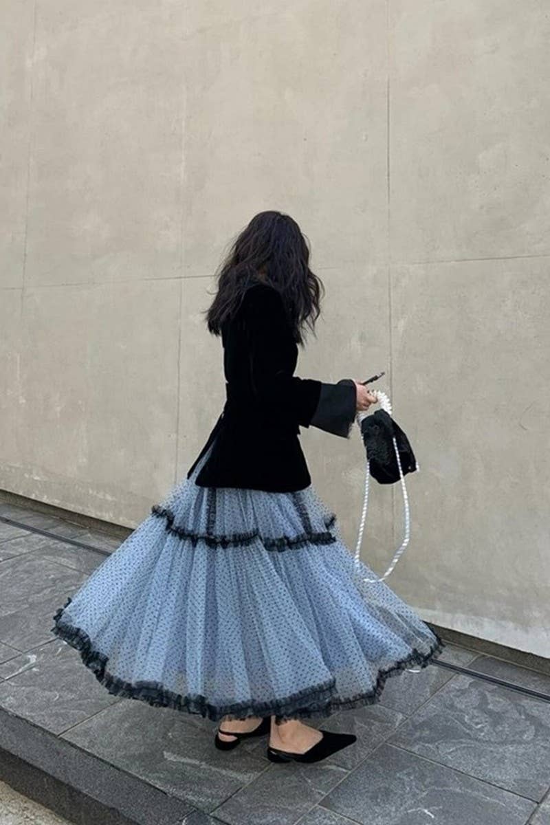 CWBMS0448_POLKA DOT MESH A-LINE MIDI SKIRT WITH TIERS