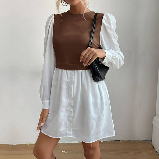 Color-block long sleeve dress with round neck