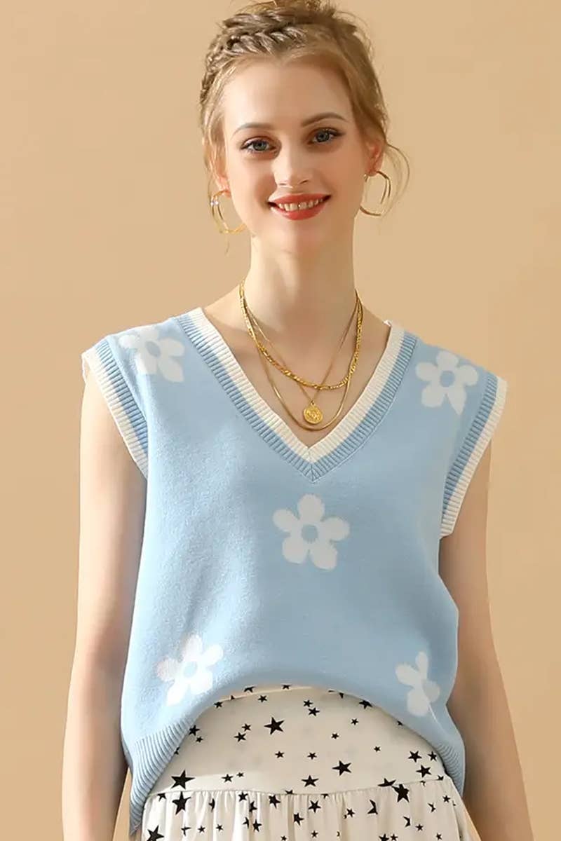 CWTBLS1762_SPRING AND SUMMER V-NECK SLEEVELESS FLORAL VEST