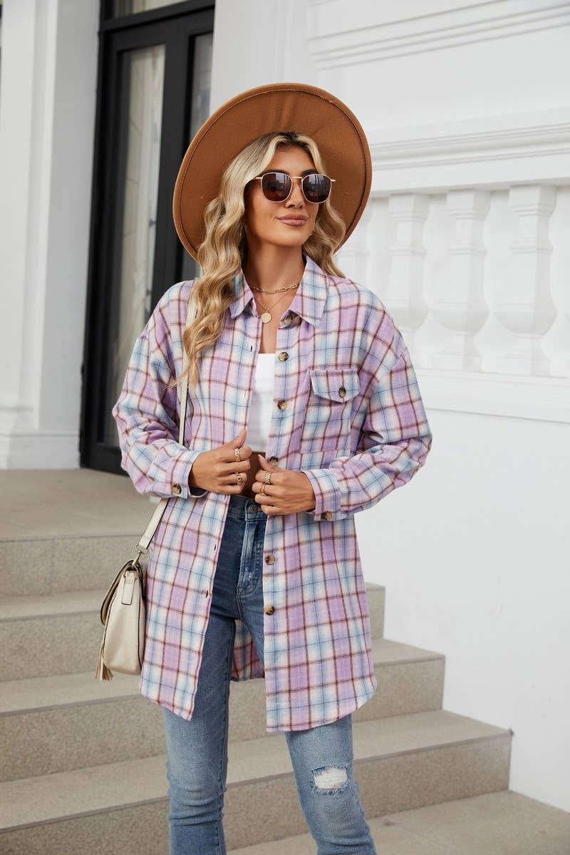 CWTBLL3745_AUTUMN AND WINTER STRIPED PLAID BUTTON-DOWN SHIRT