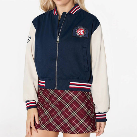 COLOR CONTRAST PATCHWORK PRINT BASEBALL JACKET