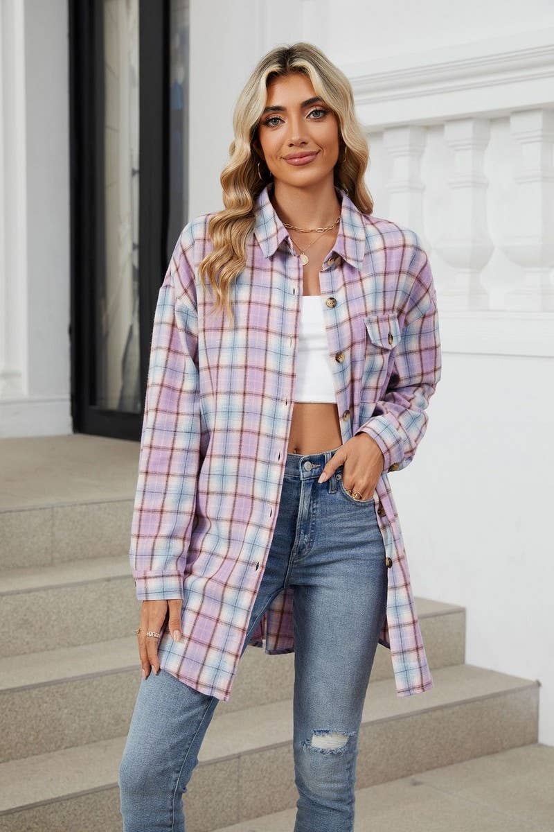 CWTBLL3745_AUTUMN AND WINTER STRIPED PLAID BUTTON-DOWN SHIRT