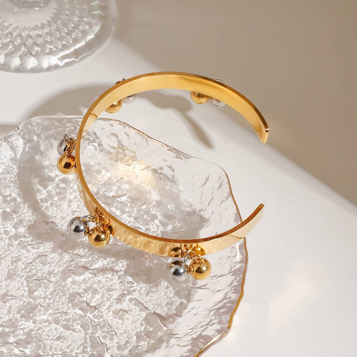 18K Gold Silver Bead Open Bangle, Trendy Style_CWAJE4670