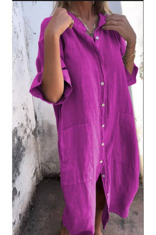 CWDMD01055_SUMMER LOOSE CASUAL MID-SLEEVE SHIRT DRESS
