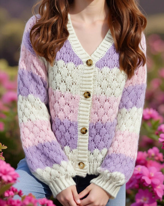 Color-blocking long-sleeved knitted cardigan