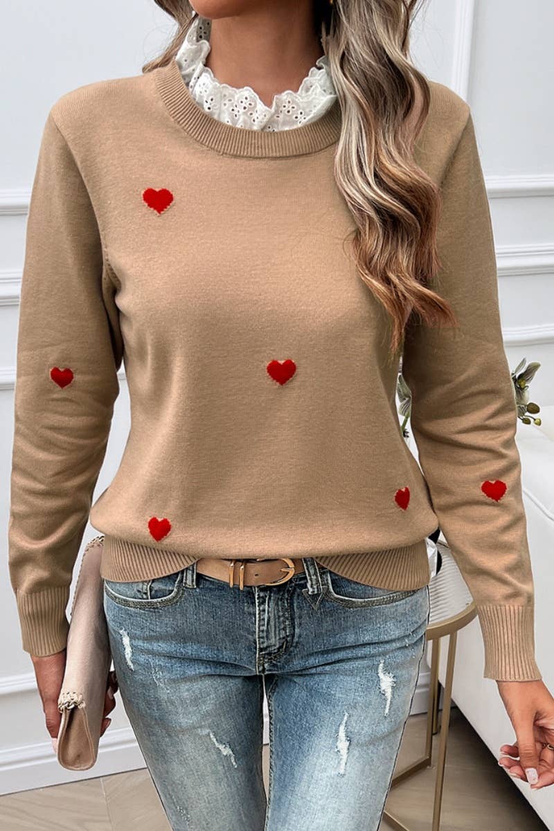 CWOSWL4449_LACE LACE NECKLINE LOVE LONG-SLEEVED SWEATER