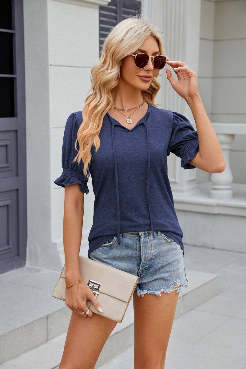 CWTTS0845_V-Neck Ruffle Short Sleeve Blouse