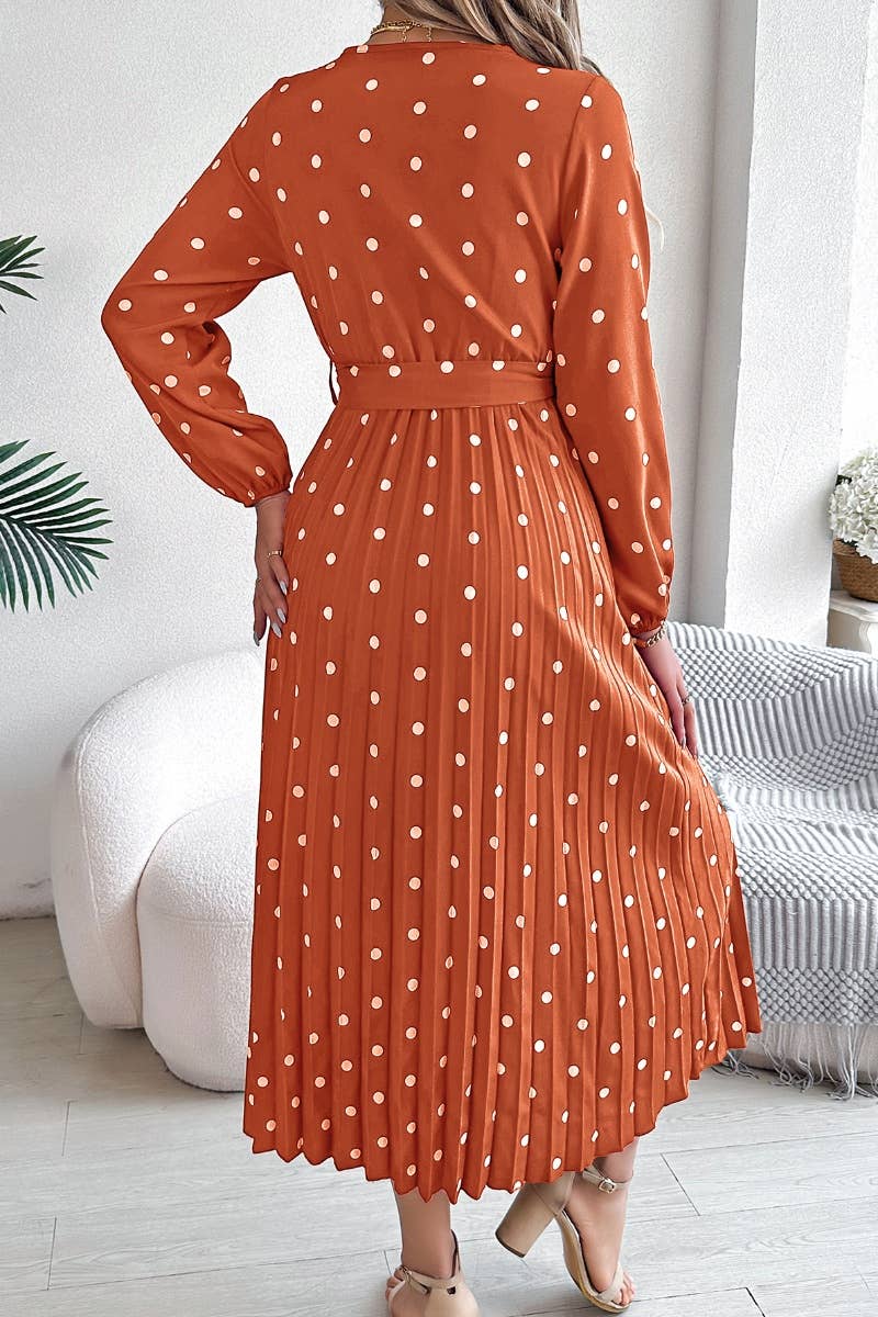 CWDMD3946_FALL V-NECK POLKA-DOT PLEATED LACE-UP DRESS