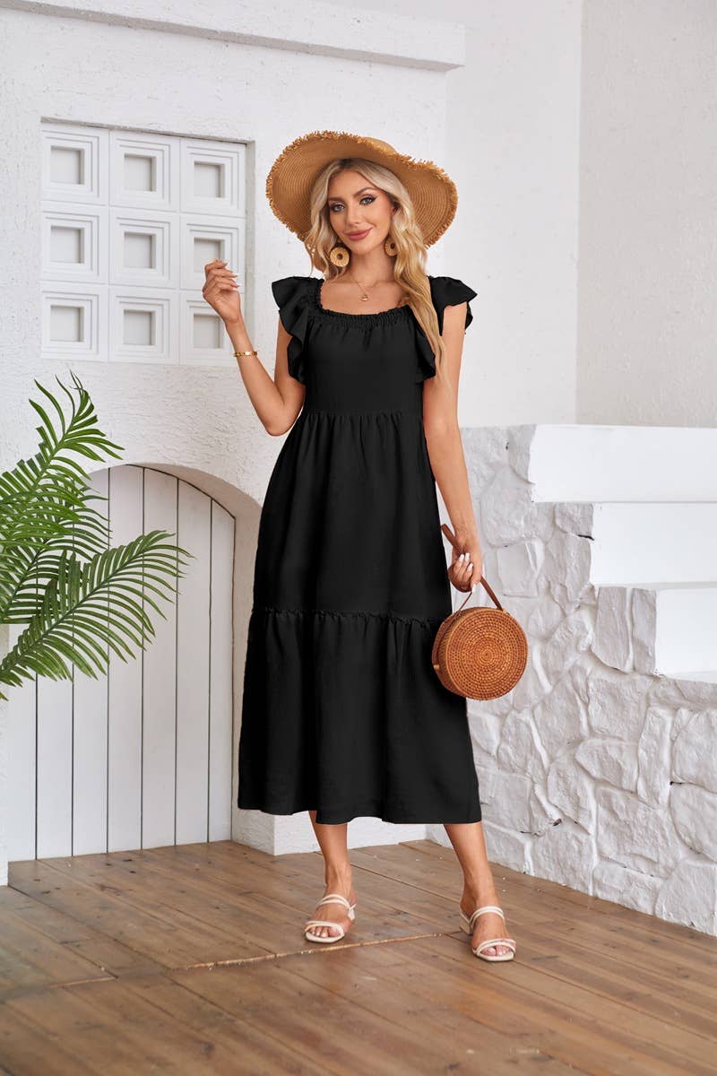 Fly-sleeve square neck off-the-shoulder dress