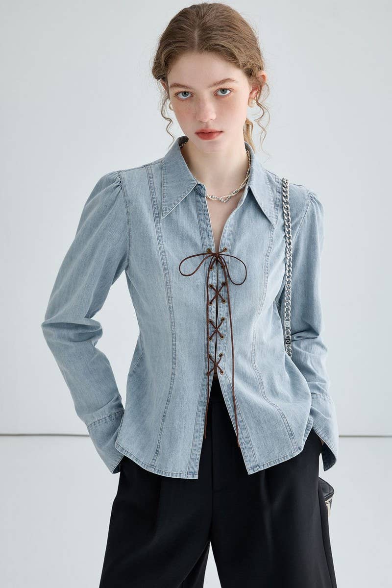 CWTSTL2871_WAIST SLIMMING SPLIT HEM DENIM SHIRT