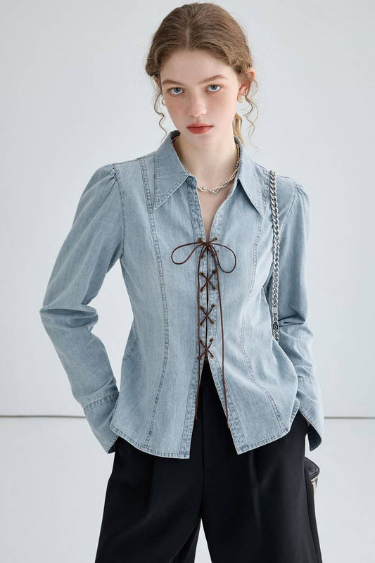 CWTSTL2871_WAIST SLIMMING SPLIT HEM DENIM SHIRT