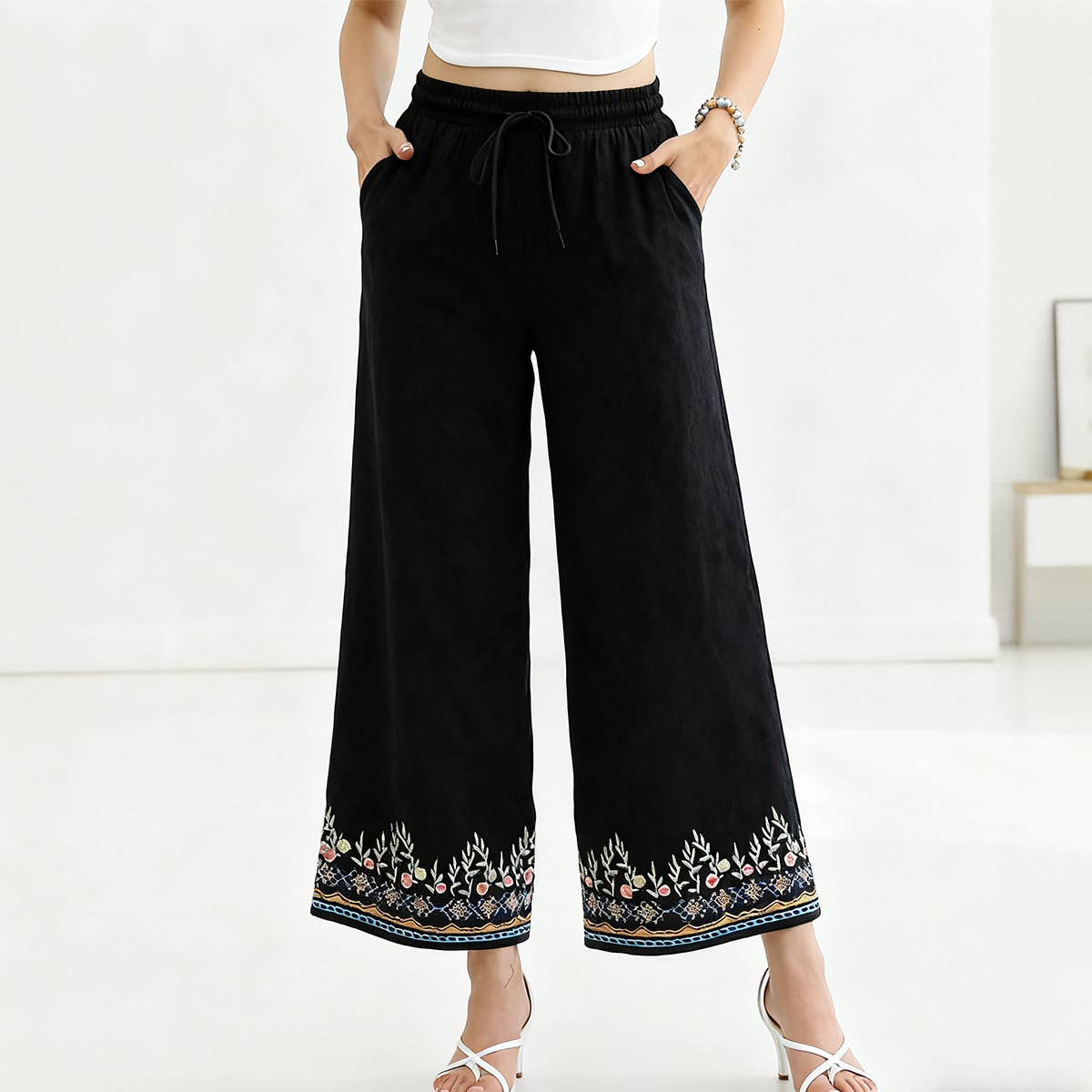 Folk embroidery pass-through wide-legged pants