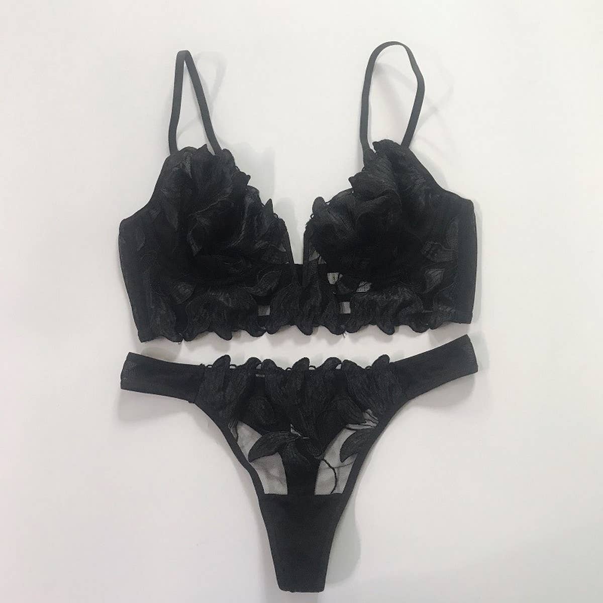 FLOWER EMBROIDERED MESH BREATHABLE LINGERIE SET