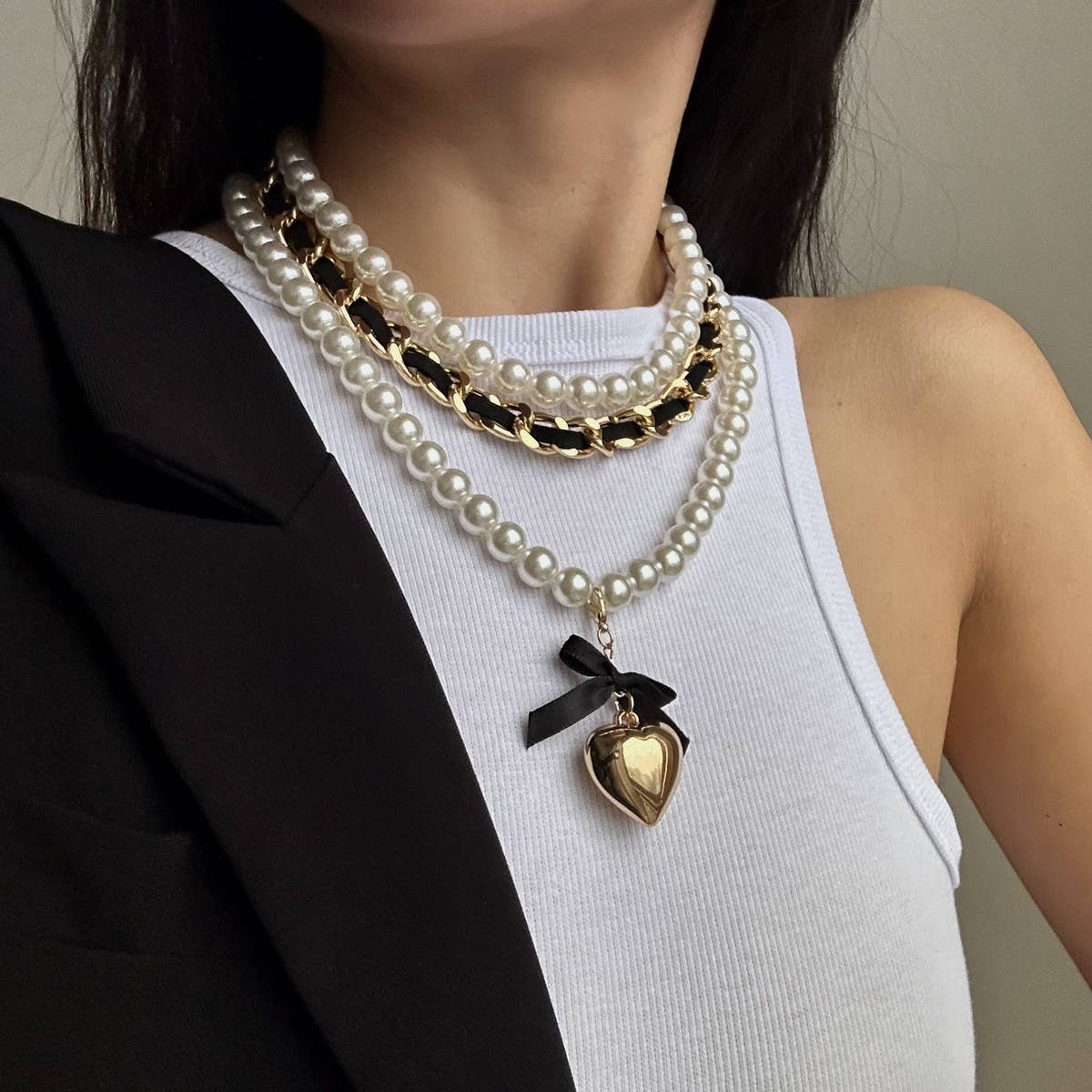 HIGH-END FASHION PEARL RIBBON BEADED NECKLACE