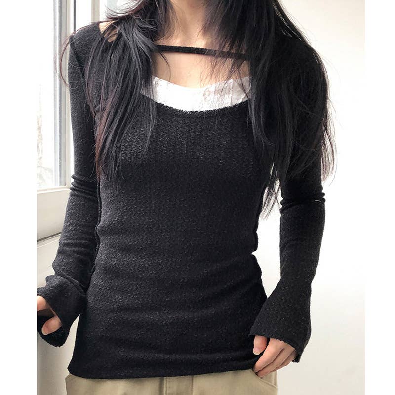 CREW-NECK COLOR MATCHING FAKE TWO KNITTED BOTTOMS