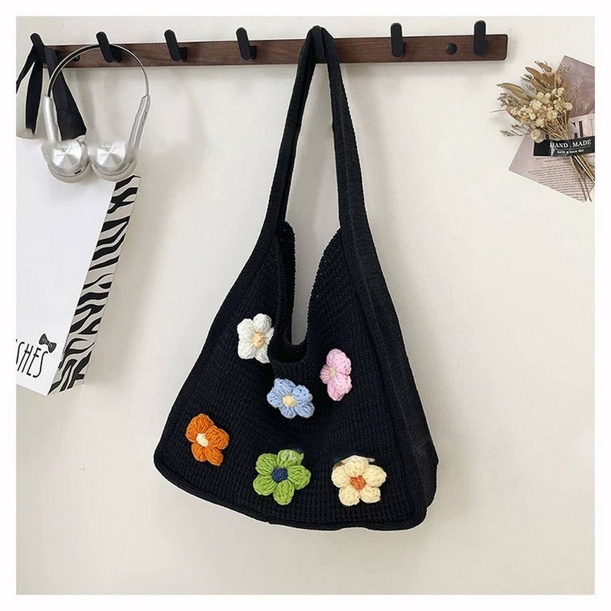 CUAB00624_2025 BOHO KNIT TOTE BAG LARGE CAPACITY FLORAL BAG