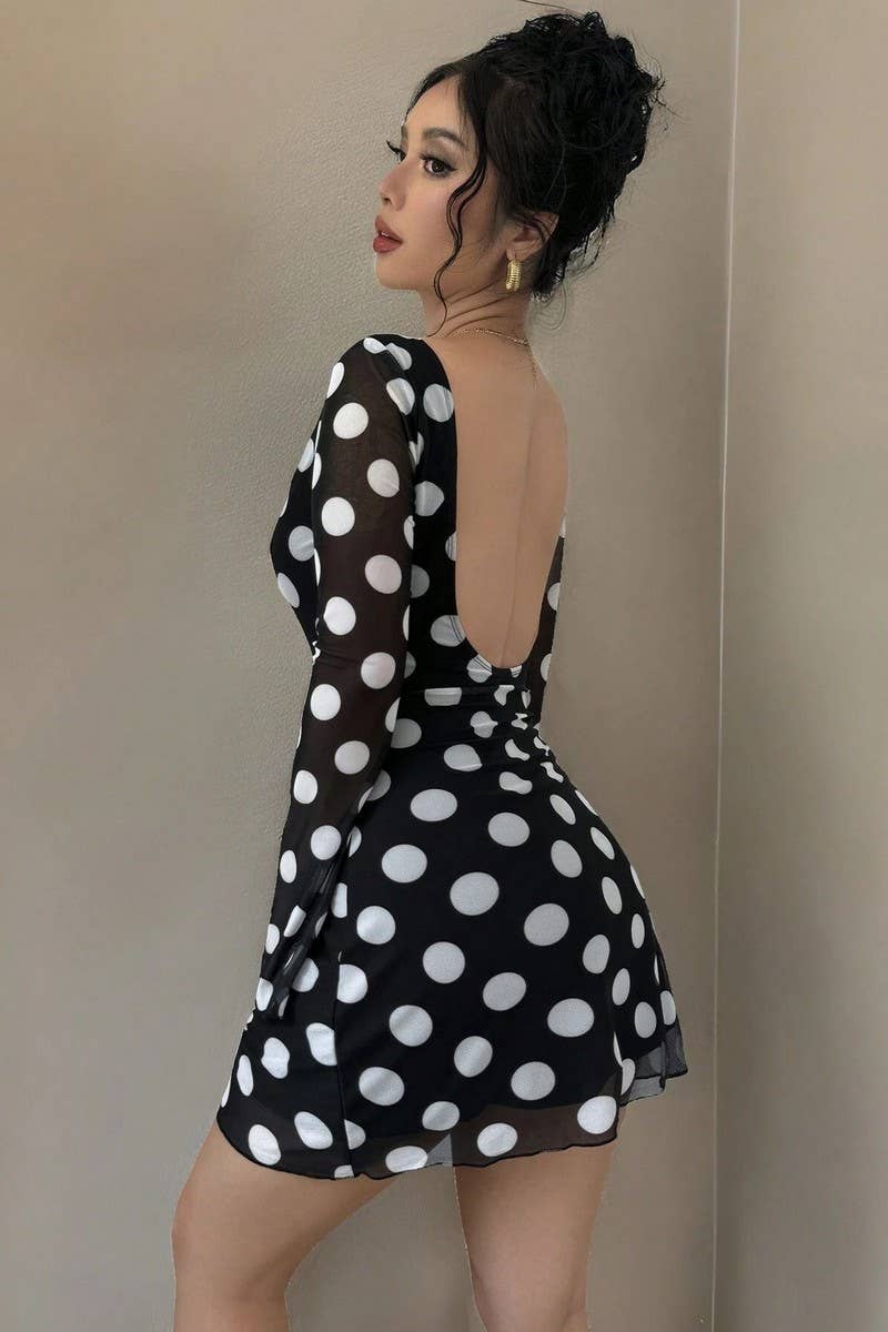 CWDSD8265_POLKA DOT OPEN BACK MESH BELL SLEEVE MINI DRESS