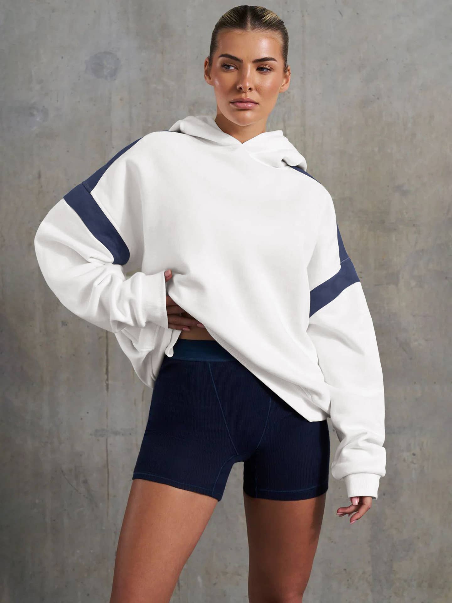 CONTRASTING OFF-SHOULDER BASEBALL HOODIE