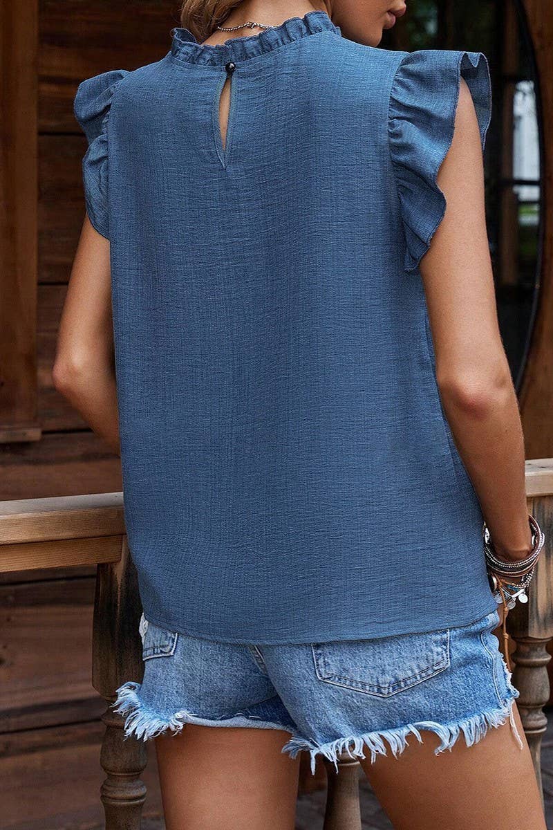 CWTBLSL0695_RUFFLE SLEEVE PLEATED PULLOVER SHORT SLEEVE TOP