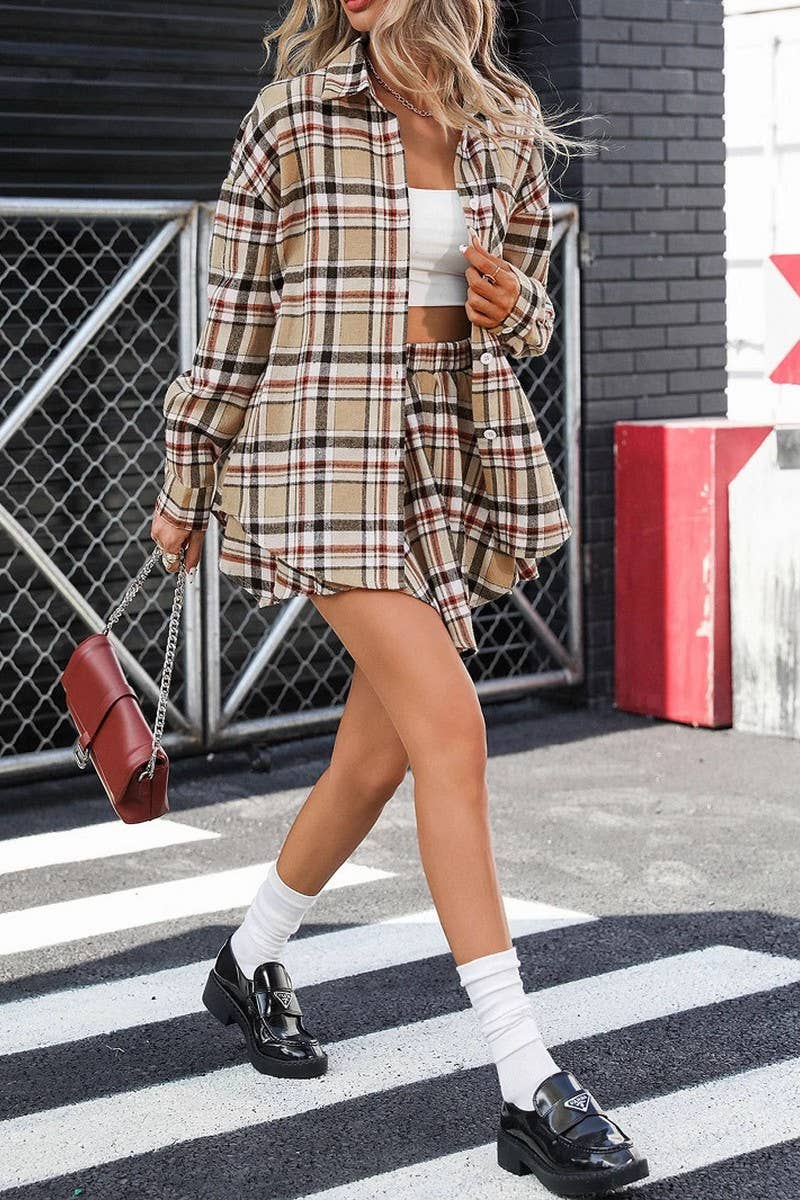 CWSTB2096_VINTAGE PLAID LONG SLEEVE TOP & SKORT SET